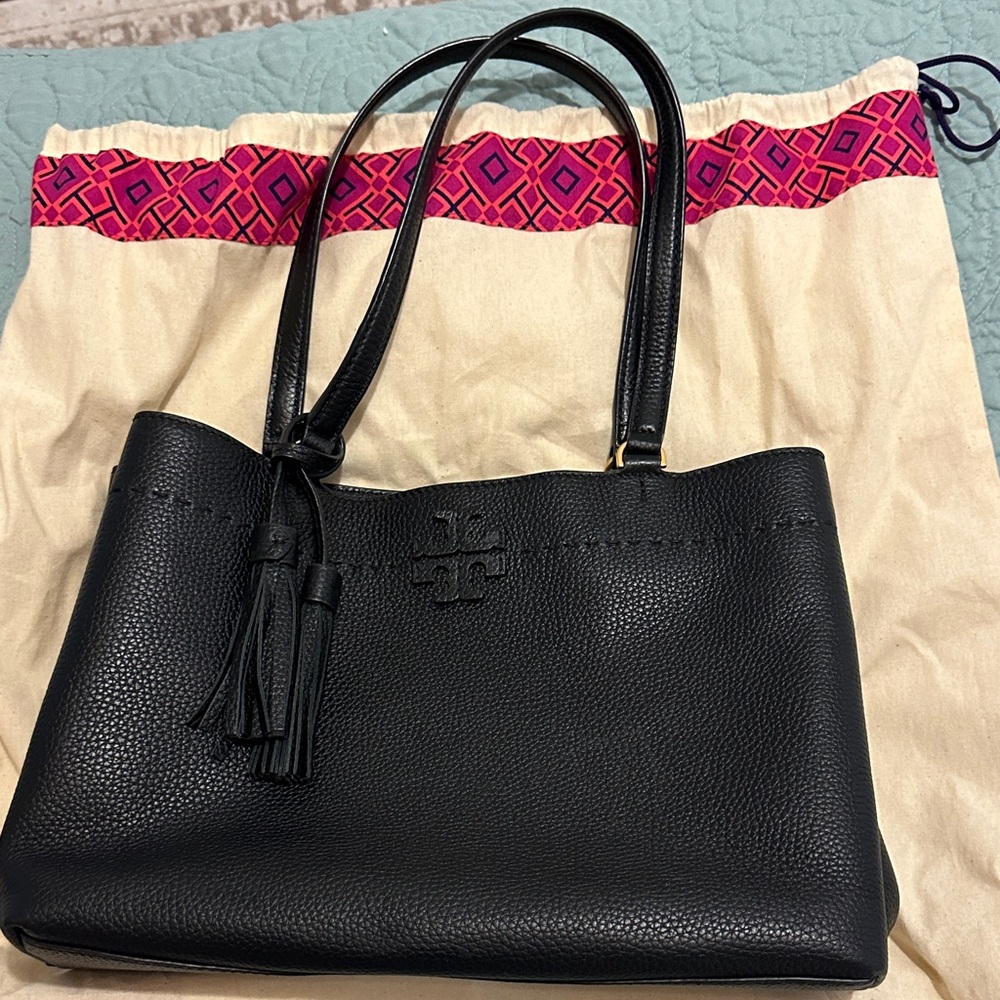 Tory Burch Black Pebbled Leather Tassel Tote